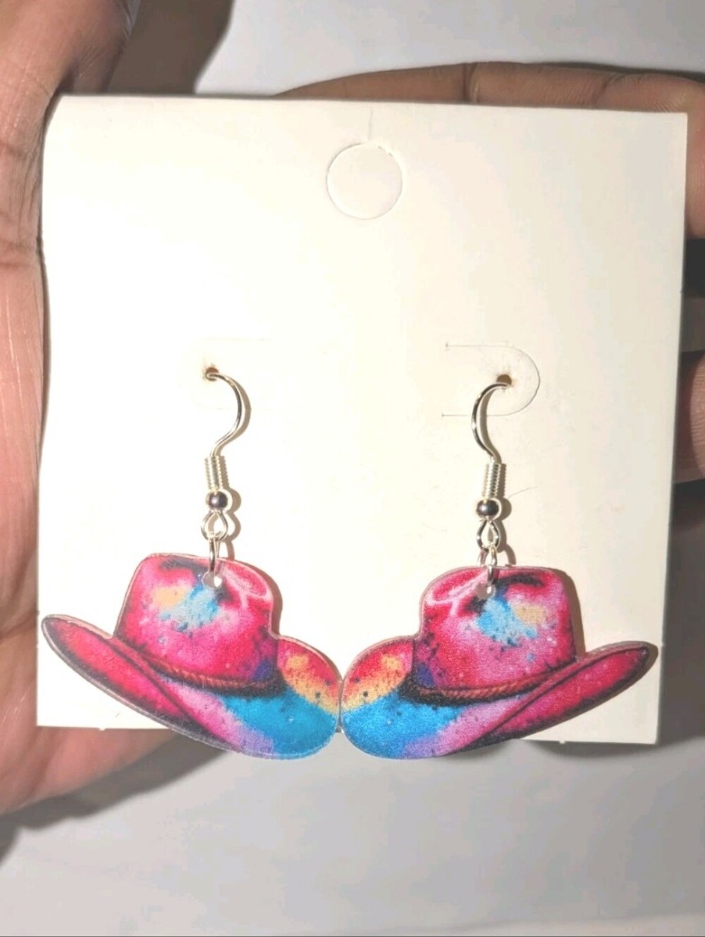 Hand Crafted Western Festive Colorful Pink Cowboy Hat Dangle Earrings For Women
